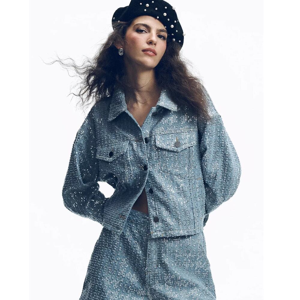 New Anthropologie Flat White Sequin Denim Jacket - Large